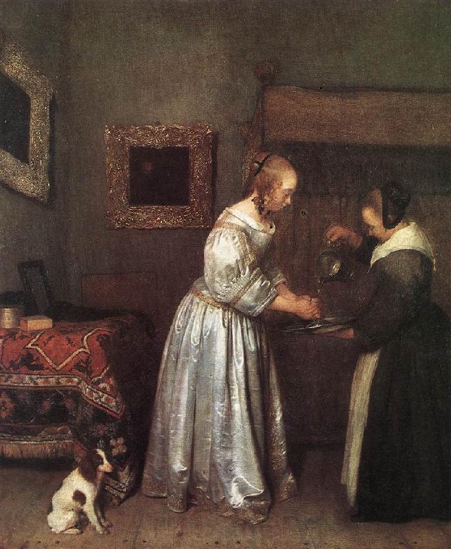 TERBORCH, Gerard Woman Washing Hands st Spain oil painting art